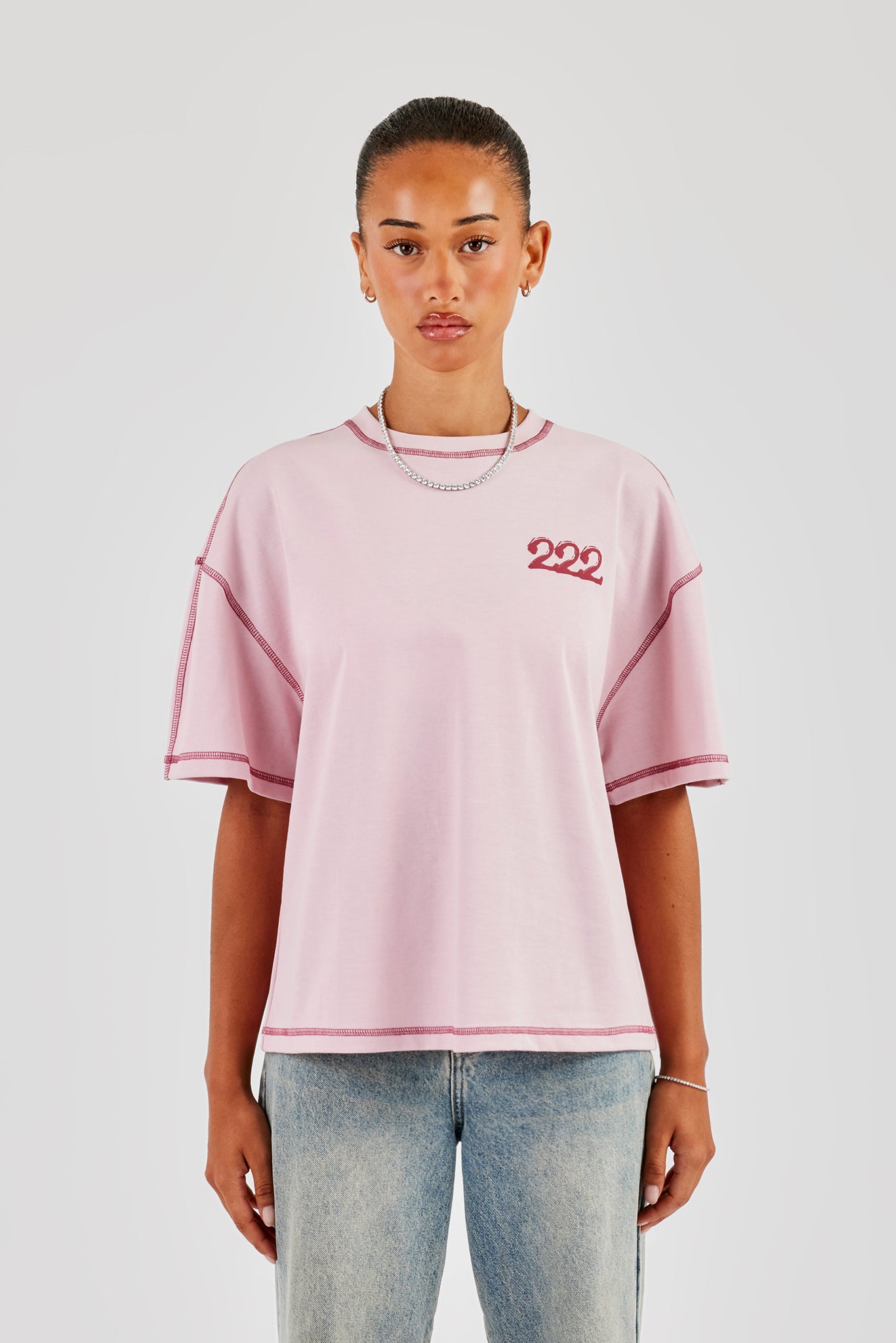 222 Cherub Contrast Stitch Oversized T-Shirt - Pink